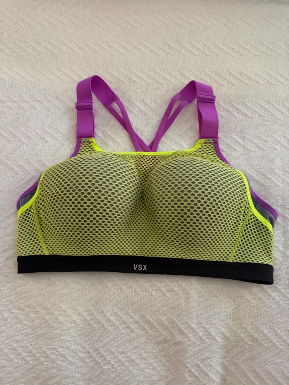 VSX Neon Yellow Mesh Sports Bra with Purple Straps and Black Band
